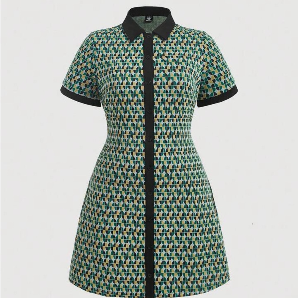 Brand New! MOD Plus Allover Print Contrast Trim Button Front Shirt Dress